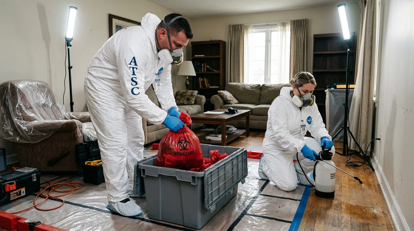 Professional Biohazard Cleanup technician in full PPE working in Downers Grove